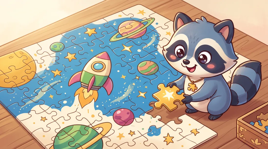 Jigsaw Adventures — Milo the raccoon placing the last piece of a space puzzle