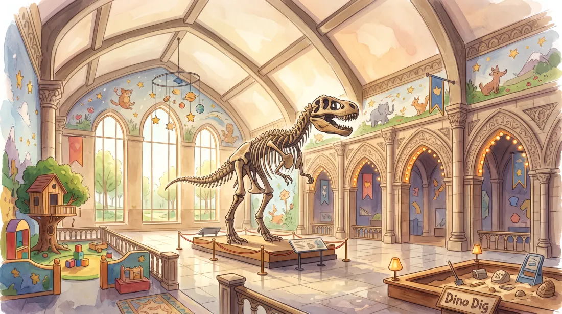 My First Dinopedia — the painted marble hall of the Dino Museum, with a swirling time gate and a story theatre
