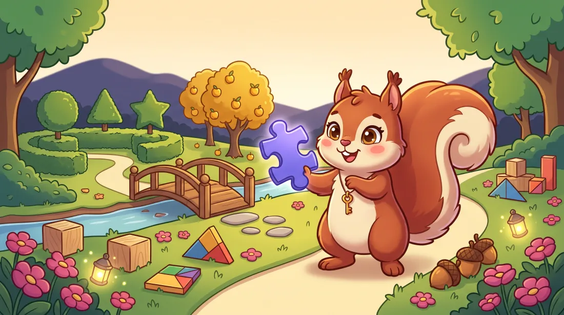 Puzzle Park — Hazel the squirrel holding a puzzle piece in a leafy hand-painted park
