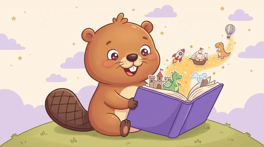 Story Builder — Benny the beaver reading a picture book as characters leap from its pages